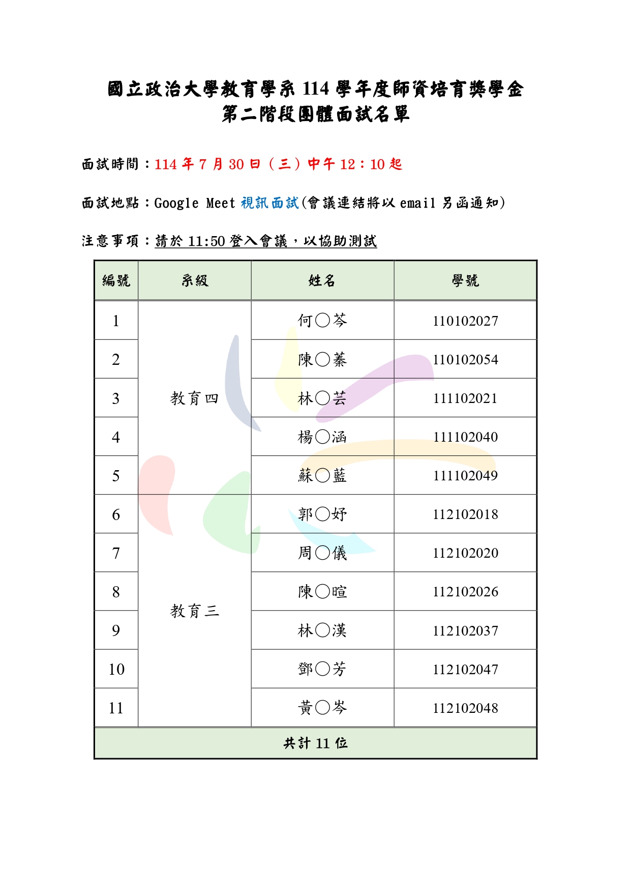 114學年度師資培育獎學金第二階段團體面試名單